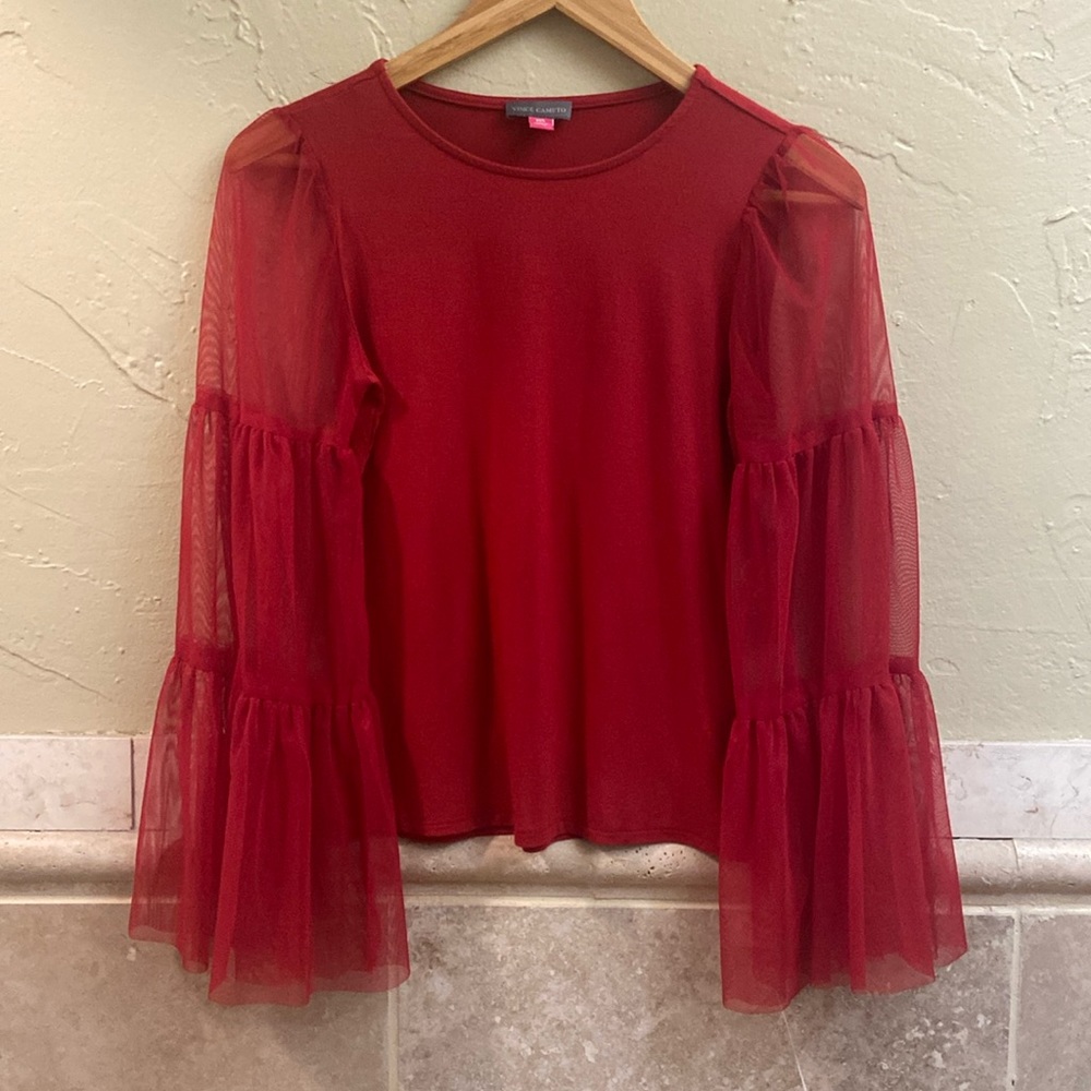 Vince Camuto Women's Mix Media Top with Tier Mesh Bell, Red, US XXS